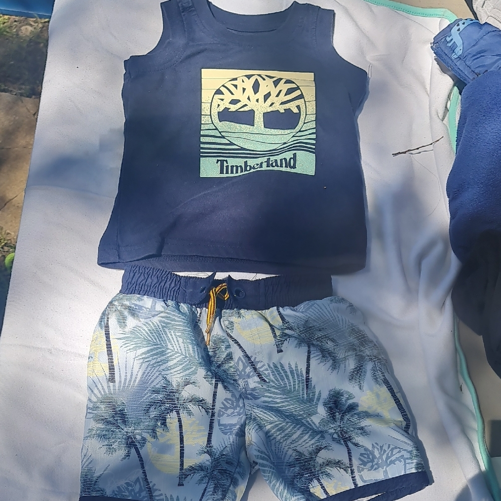 Timberland Navy Tank Top and Palm Print Shorts Set